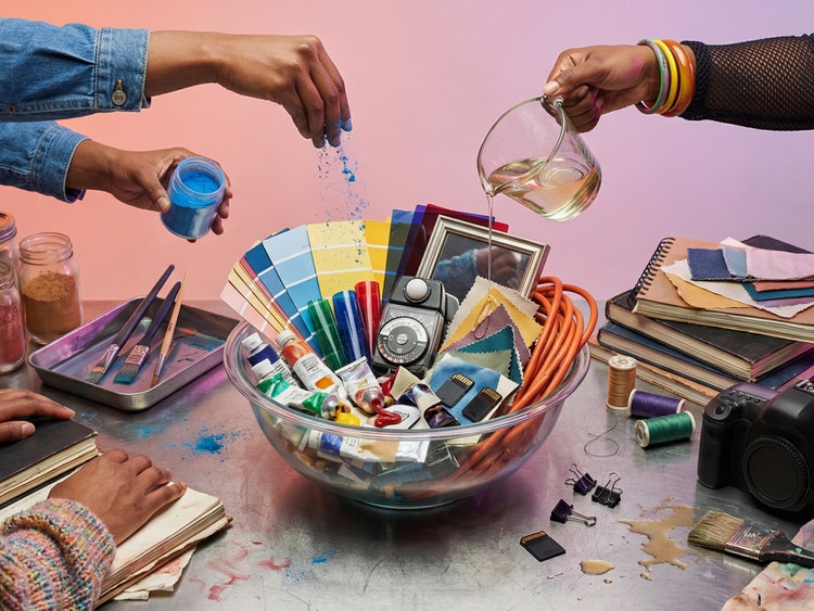 A clear glass bowl sits on a paint-splattered surface. Both are filled with creative tools, including paint tubes, color swatches, fabric samples, brushes, a camera, film, thread, and notebooks. Several hands reach in from the edges of the frame toward the bowl; one of the hands pours liquid into it, and another sprinkles in blue pigment.