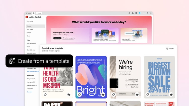 A screenshot of the Acrobat Studio interface displaying a welcome section titled "What would you like to work on today?" with options to Get insights and time back, Create with Adobe Express, and Edit your PDF. Below, a Create from a template section showcases various templates including health missions, bright ideas, hiring announcements, autumn sales, and pasta recipes. A black pop-up label reads Create from a template.