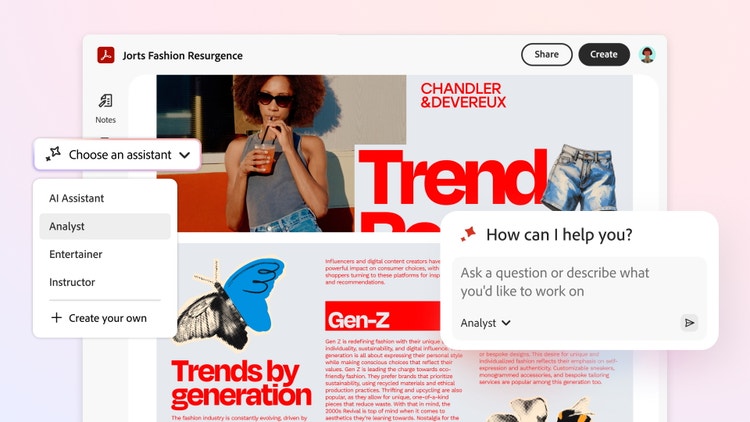 A screenshot of a digital interface featuring an article titled"Jorts Fashion Resurgence by Chandler & Devereux. The layout includes a left-side menu offering assistant options such as AI Assistant, Analyst, Entertainer, Instructor, and a customizable assistant. A person is visible in the background drinking from a cup. A pop-up window in the foreground asks, "How can I help you?" with options to ask a question or describe a task.