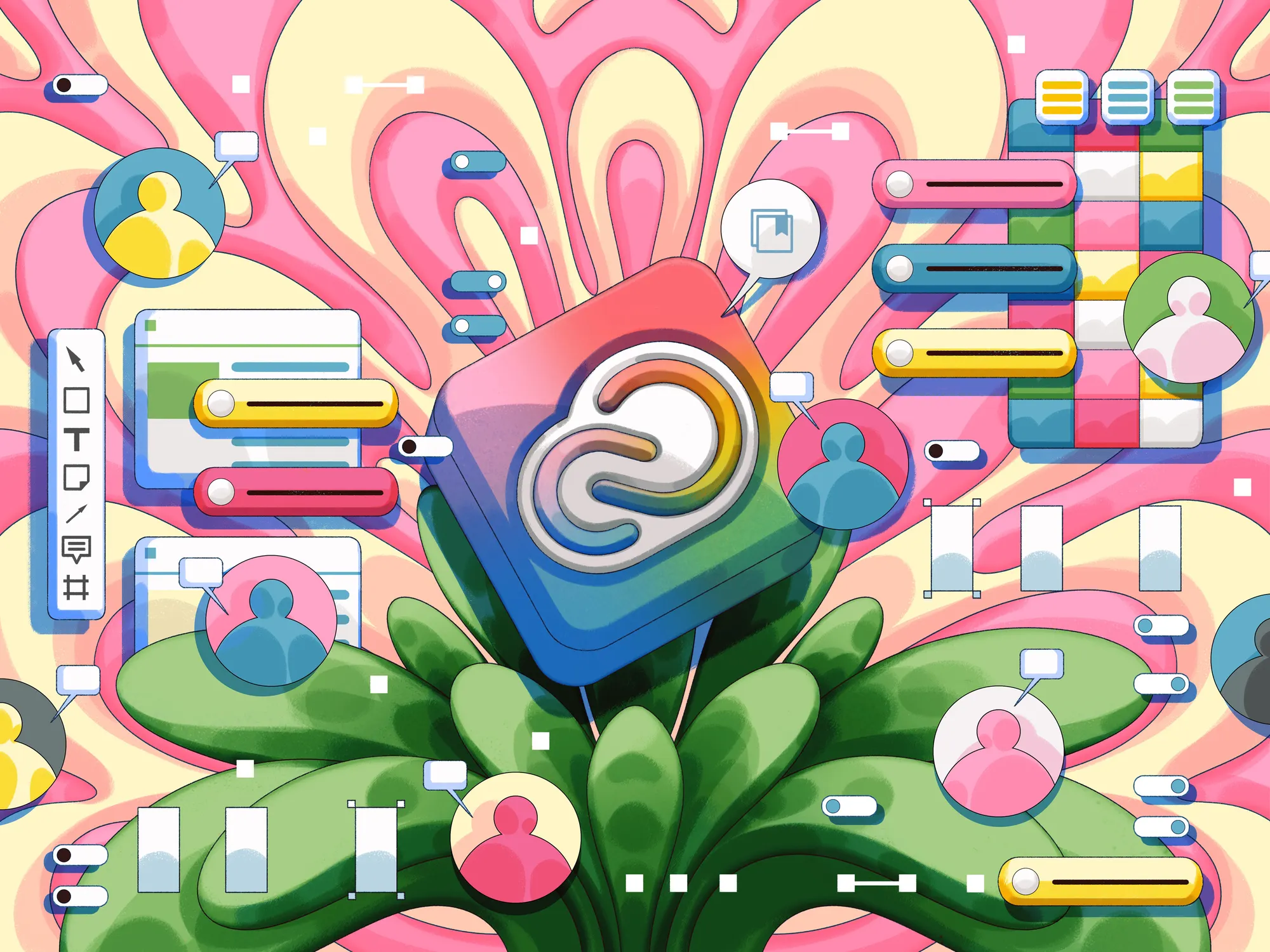 Stylized versions of application toolbars, menus, buttons, and feedback modules crowd a floral artboard with a 3D Creative Cloud icon at its center.