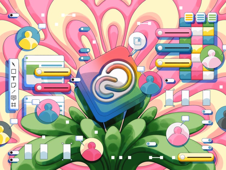 Stylized versions of application toolbars, menus, buttons, and feedback modules crowd a floral artboard with a 3D Creative Cloud icon at its center.