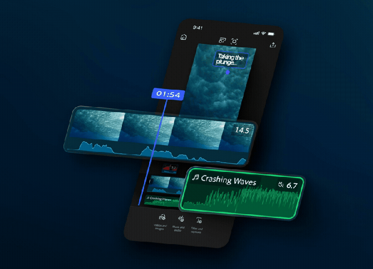 A GIF of a smartphone screen showing a video editing app with an ocean scene labeled "Taking the plunge" ona dark blue gradient background. Superimposed over it is an exploded view of the video editor. A timeline bar with blue waveforms runs horizontally across the screen, marked at 01:54. Below it, a green audio track labeled Crashing Waves with a waveform is highlighted.