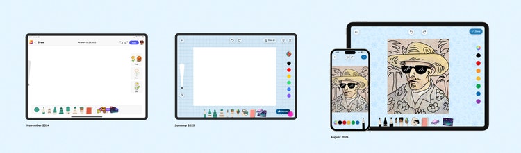 Three tablet mockups showing the evolution of Project Aqua's user interface over time. The tablet on the left (November 2024) displays a blank canvas with a stylized brush set and sticker tools. The tablet in the center(January 2025) shows a similar blank canvas with a grid background, the same brush set, and a color palette on the right. The tablet on the right (August 2025), with a phone mockup alongside it, has a simple line art illustration with a less stylized brush set along the bottom and a color palette on the right.