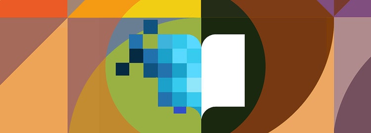 An abstract icon of an open book with a white page on the right and cluster of blue pixel-like squares on the left, is set against a background of overlapping geometric shapes in orange, yellow, green, brown, and purple.