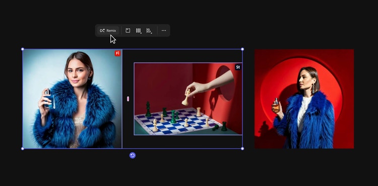 A collage of three smaller images. The image on the left is a person wearing a blue fur coat and holding a perfume bottle. The middle image depicts a hand moving a chess piece on a chessboard with other pieces visible. The image on the right shows another person, also in a blue fur coat, holding a perfume bottle against a red circular background.