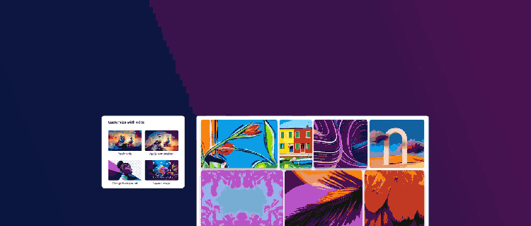 A GIF of the digital interface for image customization: On the left is a panel titled "Customize with edits" includes the options Apply style, Apply composition, Change background, and Expand image. On the right a panel displays six colorful thumbnails in two rows, featuring abstract designs, buildings, flowers, and landscapes.
