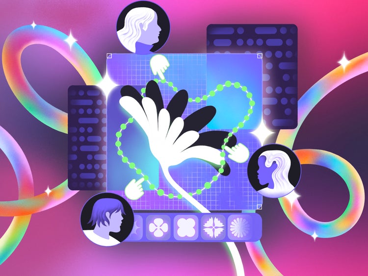 An illustration on a purple-to-pink gradient backgroun with rainbow hued loops and intermittent sparkles. At the center is a teal-to-blue gradient square with a stylized white flower inside it. The flow is encircled by a necklace with cursor hands pointing at the green beads. On three sides of the square are three circular icons with abstract human profiles inside them.
