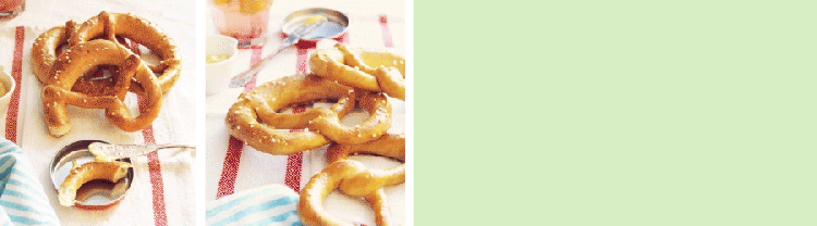 On the left are two photographic still lifes of pretzels artfully arranged with tableware on a tabletop. On the right is a GIF of a paintbrush drawing the shape of a pretzel.