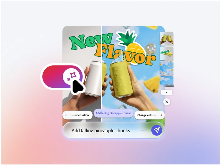 A split-screen design showing a drink can before and after editing. On the left is a plain white can on a neutral background and on the right, a bright yellow can alongside pineapple chunks and ice cubes against a cloud-filled blue-sky background, overlaid with bold text. The images are overlaid with the word "New Flavor, a pineapple graphic, and "Add falling pineapple chunks" in a prompt bar.