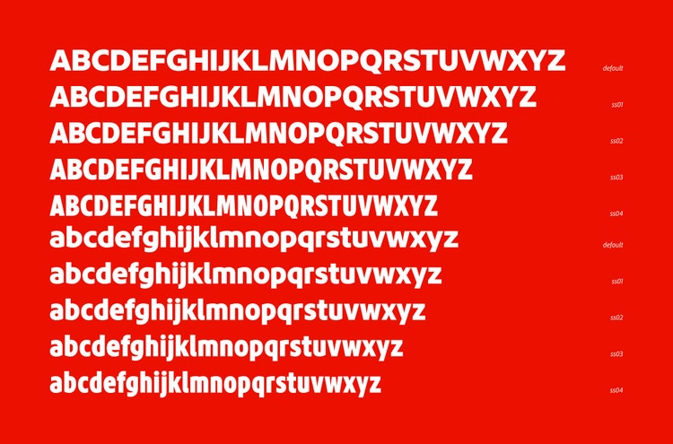 Ten rows of uppercase and lowercase alphabet letters in white on a red background showing five font weights labeled default, s01, s02, s03, and s04.