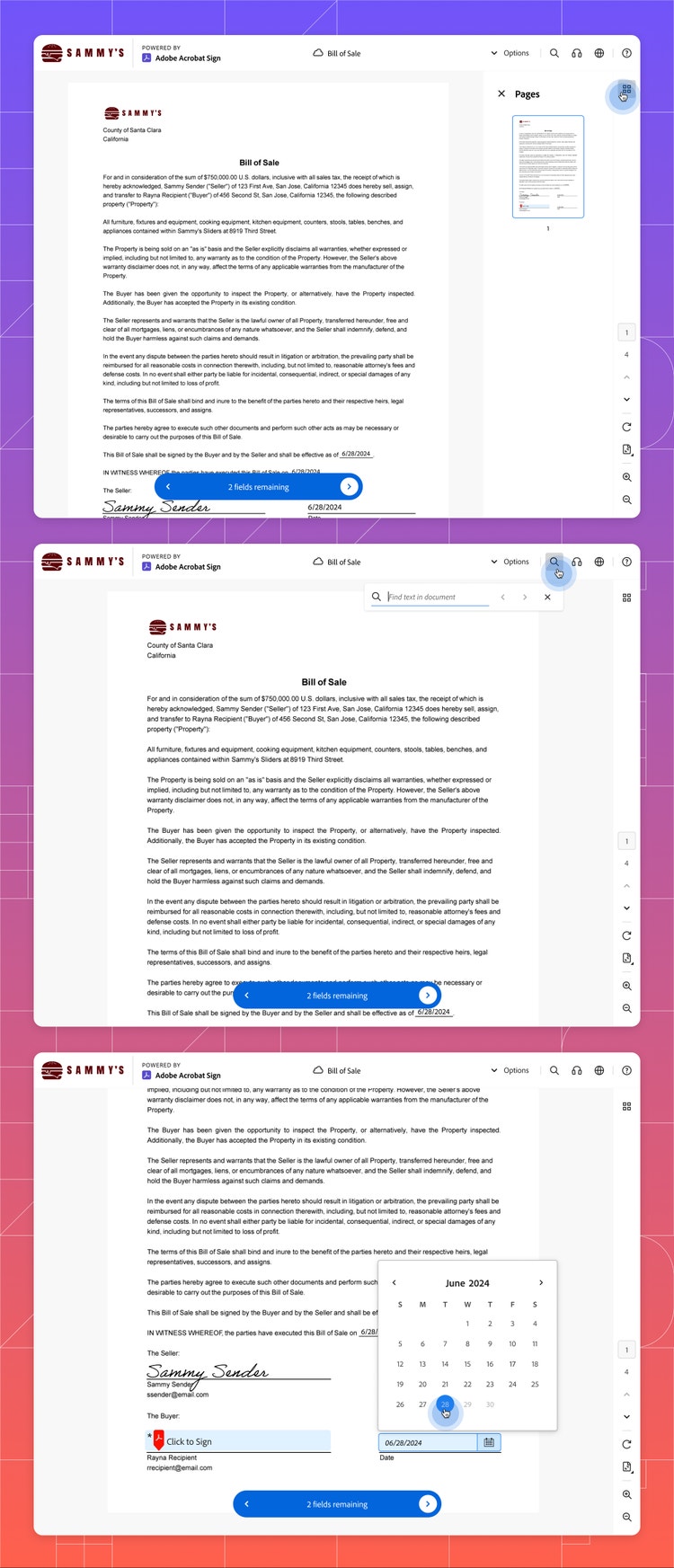 Three screenshots of an open document in Adobe Acrobat on a purple-to-orange gradient background with a white-lined grid. Each document is the same but with different tools in the UI selected (a light blue circle shows the selection in every UI). In the top document, a four squares icon is selected on the right side which opens a panel next to it highlighting a thumbnail view and number of the page. In the middle document, a magnifying glass icon is selected and beneath it is a search field that reads "Find text in document." In the bottom document, a date field at the bottom of the page is selected and just above it is a calendar with June 28, 2024 selected.
