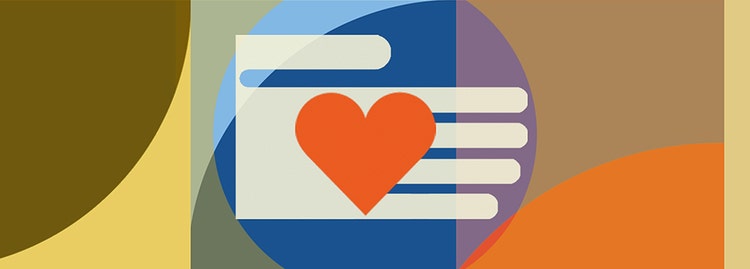 A stylized hand icon in off-white is holding a bright orange heart. It's centered on a background of overlapping geometric shapes in shades of blue, orange, yellow, and brown.