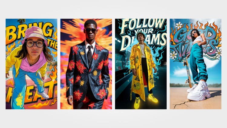 A collage of four bold, colorful portraits with illustrated backgrounds and text. From left: A young woman wearing glasses, a baseball cap, and vibrant streetwear (a yellow jacket, pink top, and blue pants) posed in front of “BRING THE HEAT” in fiery lettering. A young Black man wearing sunglasses and a dark suit covered with a bright floral patterns against an explosive color backdrop. A young man with curly hair a long yellow coat with matching sneakers posed in front of swirling blue graphics that read, “FOLLOW YOUR DREAMS.” A young woman with curly dark hair wearing sunglasses, teal pants and white crop top. She's holding a skateboard and is framed by flames and playful script that reads “GOOD VIBES."
