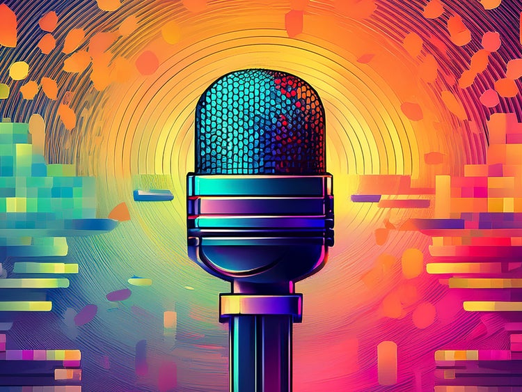 A olorful digital illustration with a microphone at the center. The surface of the mic is metallic in shades of blue, purple, and teal. Abstract concentric circles, resembling sound waves,radiate outward. Bright geometric shapes and pixelated patterns in vibrant shade of orange, yellow, pink, teal and green surround it.