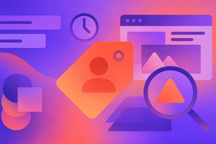 An abstract illustration featuring familiar icons and shapes (a clock, a web browser window with image placeholders, a magnifying glass focusing on a triangle, and a tag with a person icon) on a purple, pink, and orange gradient background.