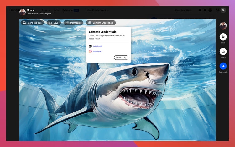 A screenshot from Behance featuring an artwork of a swimming shark in a dynamic pose with its mouth slightly open, surrounded by bubbles and light rays penetrating the water surface. Overlaid on it is a box titled Content Credentials that includes the text, "Created without generatove AI - Recorded by Adobe Fresco."