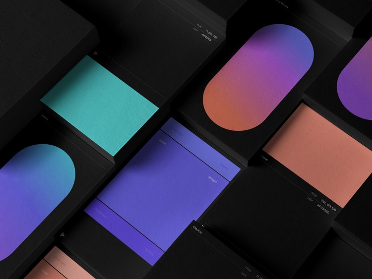 Color chips and gradients from the brand color palette—Cobalt, White, Electric (teal blue), Iris (purple), and Coral—on a black background.