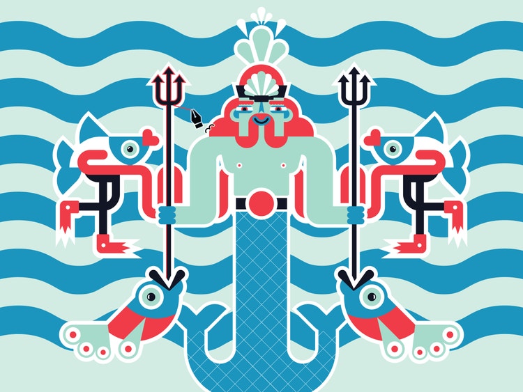 A stylized, symmetrical illustration of a mythical sea creature resembling a merman or Poseidon-like figure. The central figure has a human upper body with two arms holding tridents and an aquatic lower body with fins. The figure, surrounded by fish and waves, is part of an underwater theme with a color palette that includes shades of blue, red, and white.