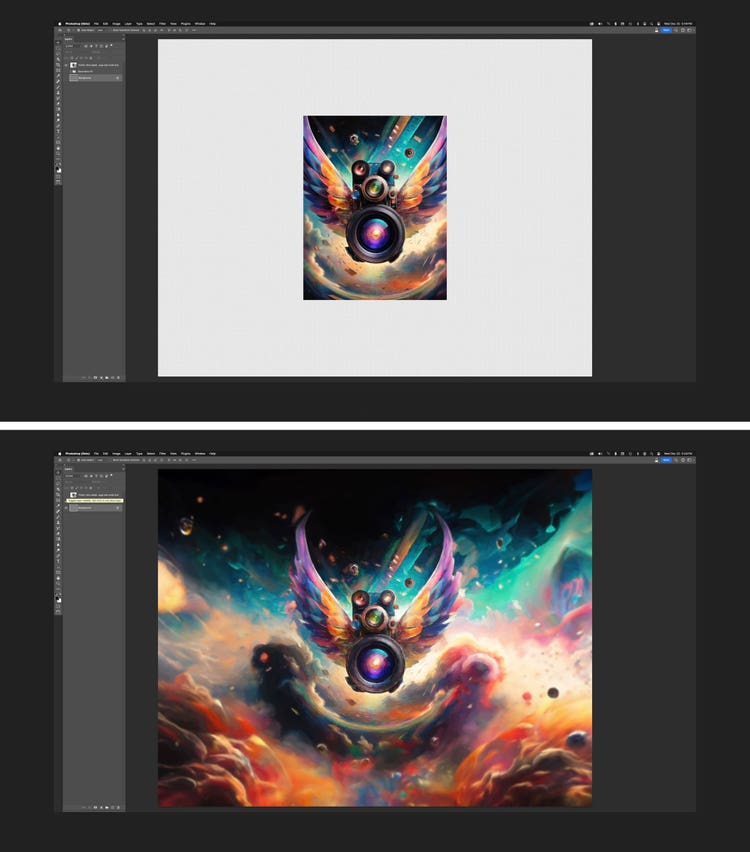 Two screenshot of Adobe Photoshop artboards. Top: A generative AI illustration of a camera with rainbow-colored wings and multiple lenses (it's largest focused on the viewer) hovering against a turquoise and cloud-filled background is centered against a large white backgroud. Bottom: The same generative AI illustration but with the white background filled in with explosions of color and texture to create a story beyond the boundaries of the original art.
