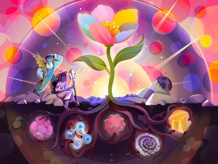 An illustration of a flower growing and shown in cross‑section in vibrant shades of pink, purple, green, yellow, and blue. Above the soil, two people observe the plant as it blooms under a glowing, abstract sky with planets and light arcs. Below the soil, the plant’s roots connect to symbolic forms—the cells, molecules, spirals, and crystals—that suggest the hidden systems that support visible growth.