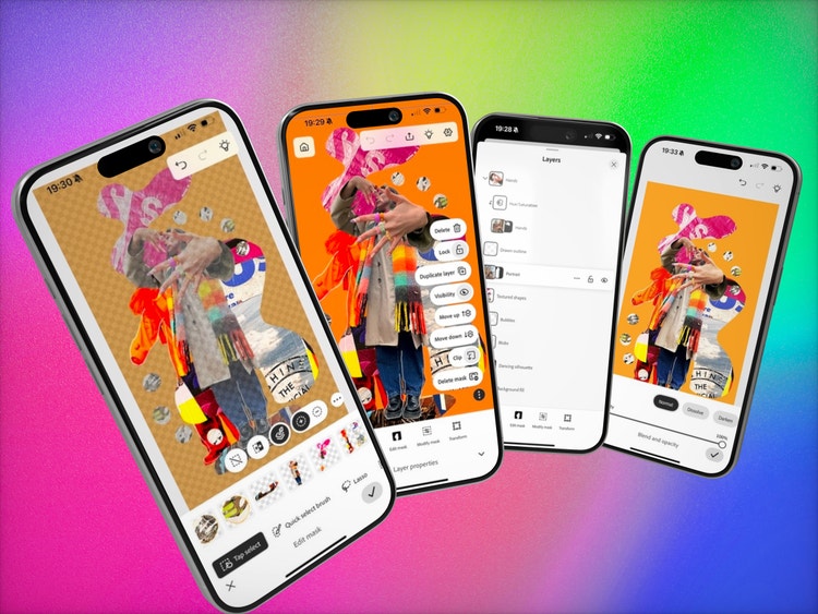 Four iPhone mockups on a purple-to-pink-to-yellow-to-green-to-blue gradient background. Each iPhone shows the progression of workflow in Photoshop with feature controls along the bottom edges. The same image fills the screen on three of the four mockups: Amid a colorful collage of type and color in a field of orange a woman wearing jeans, hiking boots, a tan trenchcoat, and a rainbow-hued plaid scarf reaches toward the camera with outstretched arms. The third mockup from the left is a layers panel with descriptions and thumbnail images for ten layers.