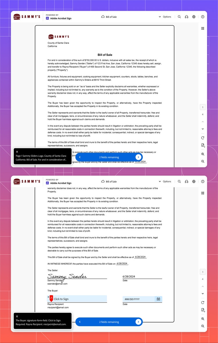 Two screenshots of an open document in Adobe Acrobat on a purple-to-orange gradient background with a white-lined grid. Both documents have a black rectangle in the bottom left corner that show the content of screen reader output. For the top document it's "Page 1 Sammy Sliders Logo. County of Santa Clara California. Bill of Sale. For and in consideration of..." And for the bottom document it' "The Buyer signature-form-field. Click to Sign Required. Rayna Recipient. rrecipient@email.com."