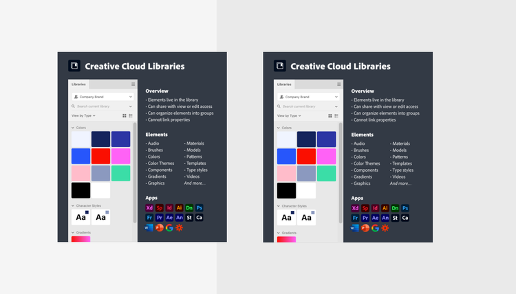 On the left an overview of the features, elements, and apps supported by Adobe XD Design Systems and on the right an overview of the features, elements, and apps supported by Creative Cloud Libraries.