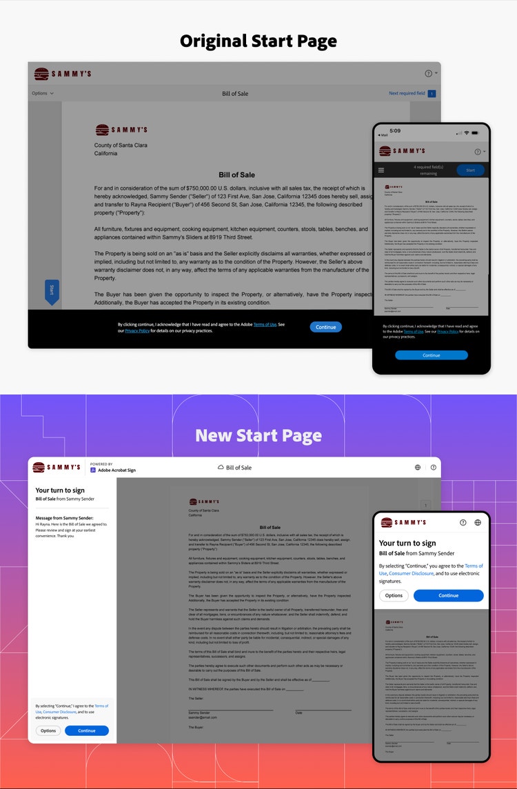 Two sets of screenshots of the web and mobile in-product experiences for Adobe Acrobat. The screenshots on the top are on a white background with the heading "Original Start Page and the screenshots on the bottom are on purple-to-orange gradient background, with a white-lined grid, with the heading "New Start Page." In the screenshots on the top, a blue "Continue" button is obscured in a black banner at the bottom of the screen for the web and mobile. In the screenshots at the bottom, a blue "Continue" button is in a white left-side bar for the web, and in a white banner at the top of the screen for mobile.