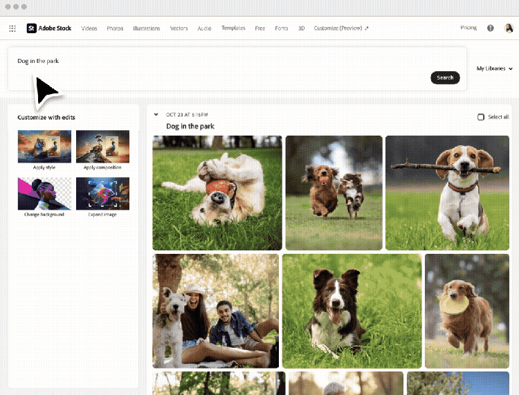 A GIF of the timeline feature in Adobe Stock Customize where dogs in park scenes and dogs in beach scenes are organized into two timelines according to selection checkmarks.