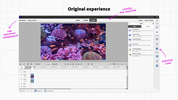 A screenshot of a video editing software interface on a white background with a faint geometric grid. Titled Original experience, the canvas features a vibrant underwater scene with colorful coral and fish. The UI consists of a top nav with tabs labeled Quick, Guided, and Expert, a right side panel titled Create with options like Instant Movie, Video Story, and Favorite Moments, a lower video timeline. Annotations point out various features that need design attention: non Spectrum components (left), clunky tab selection (top), and detailed icons (right).