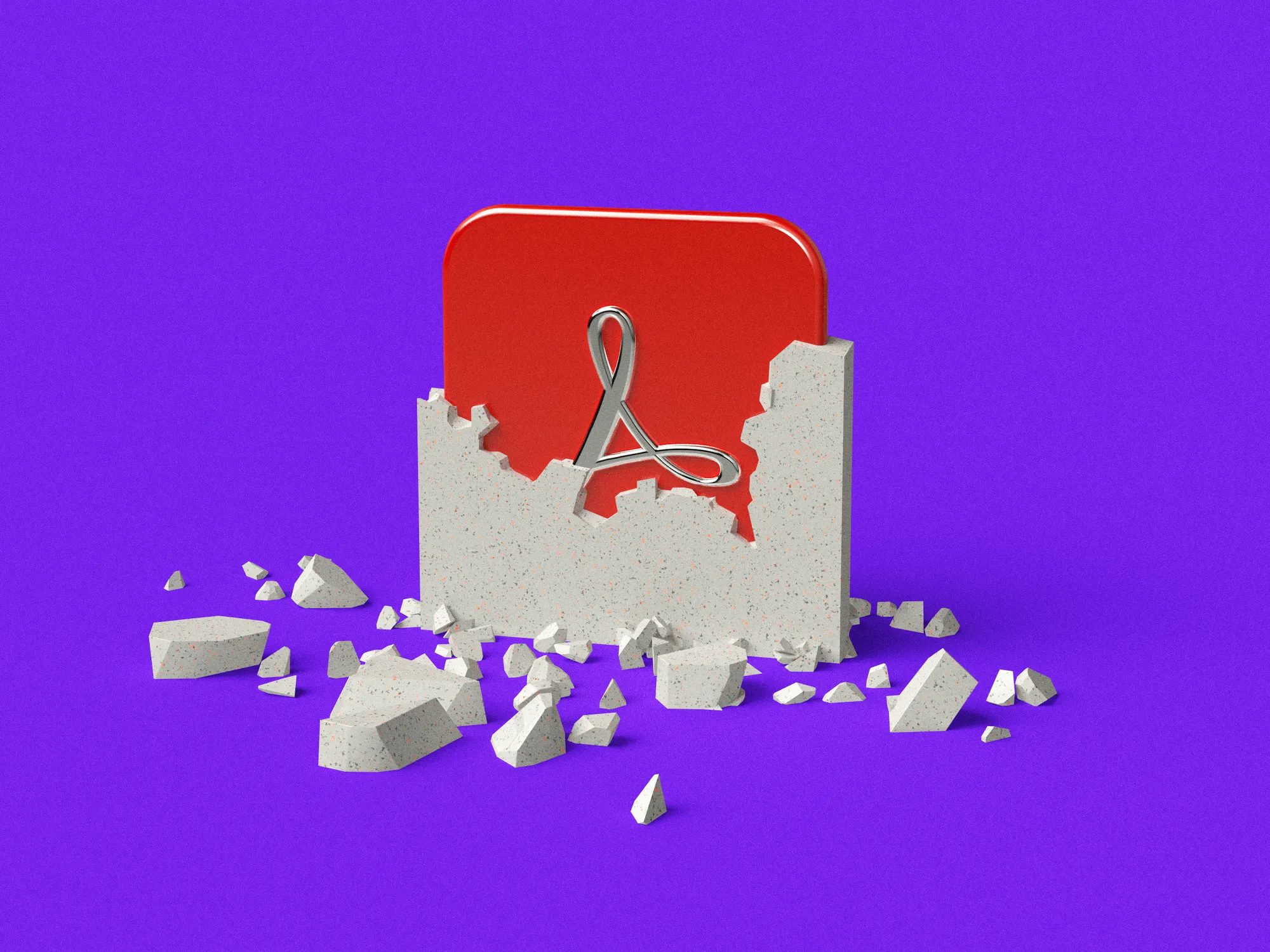 On a purple background an illustration of the Adobe Acrobat logo being sculpted from a slab of stone.
