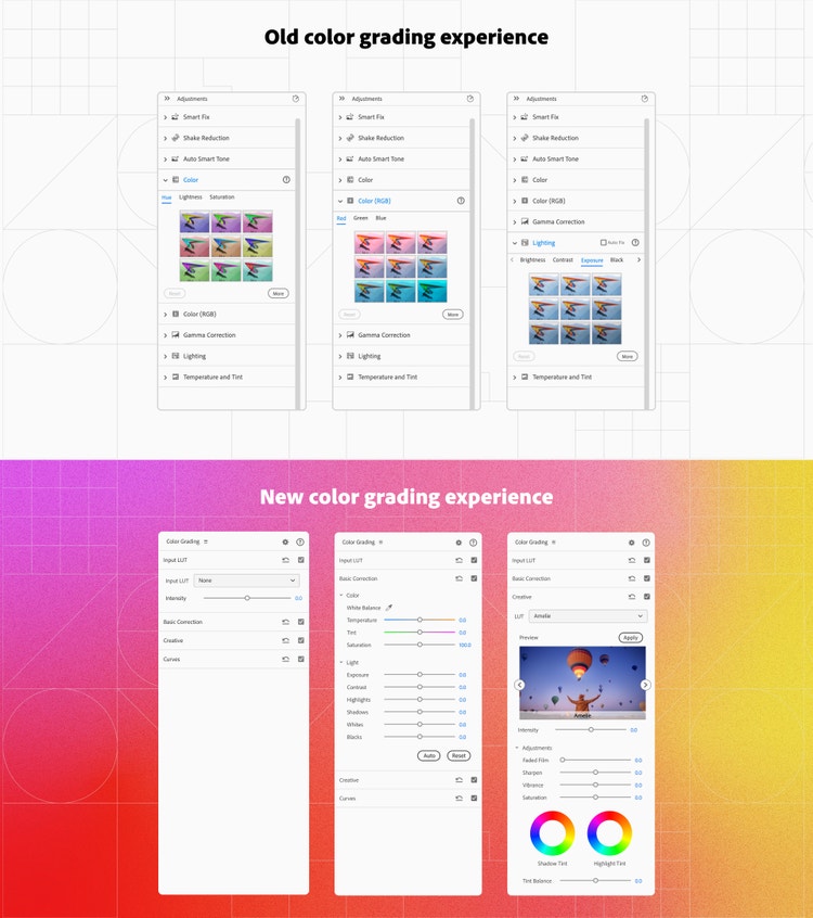 Two images comparing an old color grading experience and a new color grading experience. The old interface(top), on a white background with a faint geometric grid, includes panels with stacked sections like Basic correction, Creative, Curves, Color wheels & match, and HSL secondary. The new interface (bottom), on a purple-to-pink-to-yellow gradient background with a faint geometric grid, has a more streamlined panel design, including sections with sliders for Temperature, Tint, Exposure, Contrast, Highlights, and Shadows, as well as an image preview with color adjustment options.