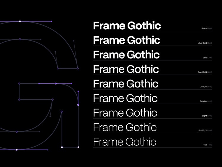 Different weights of the Frame Gothic typeface. From top to bottom: Ultra Bold, Bold, SemiBold, Medium, Regular, Light, Ultra Light, and Thin.