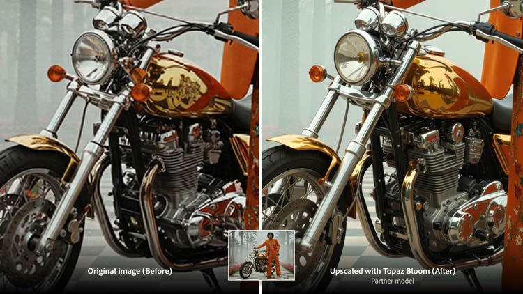 Side-by-side comparison of a motorcycle before and after image enhancement. The left side shows the original photo with slightly muted details, while the right side displays the same motorcycle upscaled using Topaz Bloom. It has sharper chrome, vivid orange paint, and clearer reflections. Text labels read (from left): "Original image (Before)’ and Upscaled with Topaz Bloom (After).