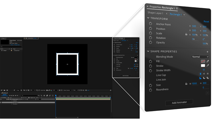 A screenshot of an After Effects artboard, timeline, and properties panel alongside an exploded view of the properties panel showing a very simplified version of the app's layer navigation.