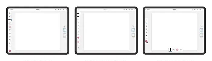 Three iPad mockups each with Fresco's Tool Options panel in a different location. From left: at the bottom of the toolbar, directly beneath the tool, and detached.