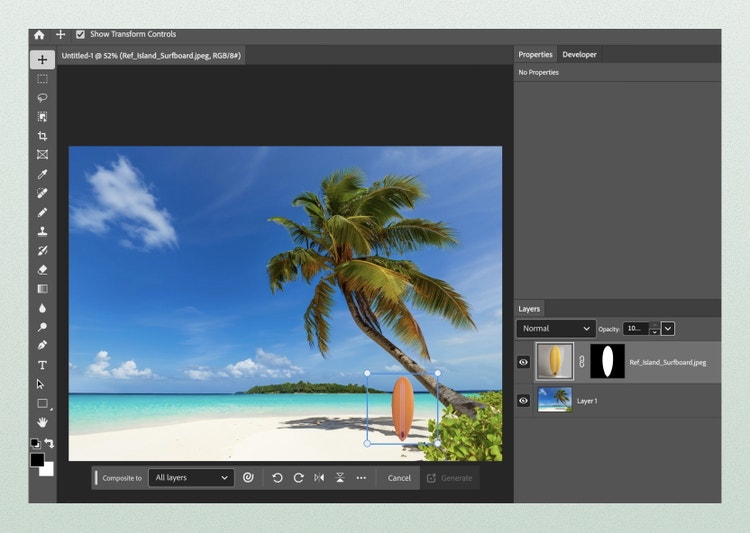 A Photoshop artboard interface showing a tropical beach scene with a leaning palm tree and turquoise water. A surfboard is being added near the tree and has a bounding box and transform handles on it. The layers panel is open and shows the beach photo and the surfboard image as separate layers.