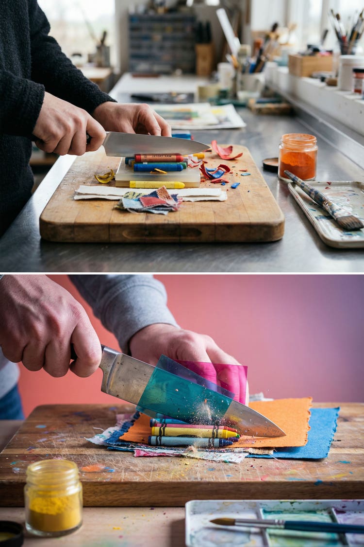 Two images stacked. Each shows a slightly different version of a studio workspace with jars of pigment and tools nearby. In each, hands reach in from the edge of the frame to cut stacked crayons and textured art materials on a wooden cutting board.