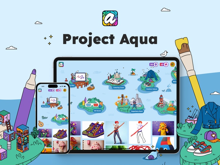 Colorful promotional graphic for Project Aqua showing a creative app interface on mockups of a tablet and smartphone. The playful map interface features playful themed islands labeled with names like Coloring Coast and Superhero Rock. Surrounding the devices are an illustrated marker, paintbrush, builidng blocks, shoes, and clothing on grass-green islands against a backdrop of blue sky and azure water.