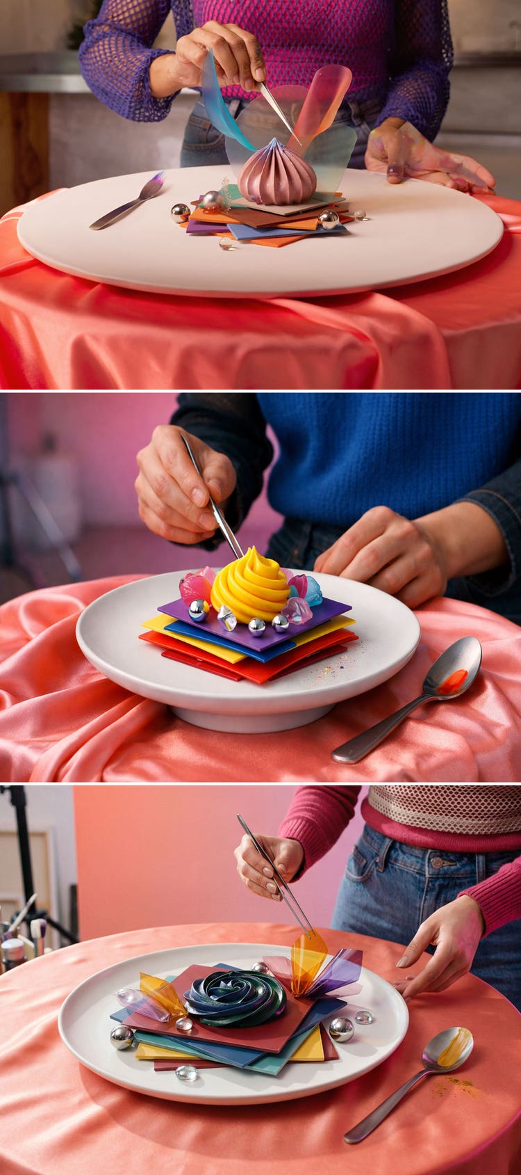 Three images stacked. Each shows a slightly different version of a plated dessert-like form on a satin-covered surface. Hands, reaching in from the edge of the frame, use tweezers to adjust the dessert which consists of a piped, colorful meringue atop a stack of translucent and opaque sheets surrounded by marbles.