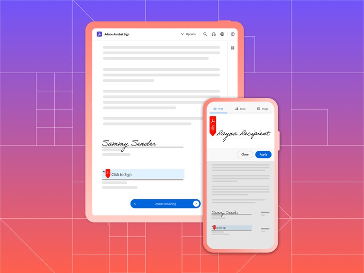 Stylized screenshots of the mobile in-product experience for Adobe Acrobat on a purple-to-orange gradient background with a white-lined grid. The screenshots highlight the location of the signatures: on tablet (left), the signature field is at the bottom of the screen and on phone (right), the signature is both at the bottom and, in expanded view, at the top.