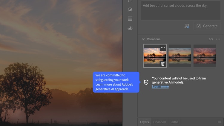 Adobe Photoshop interface showing a sunset photo with trees and clouds on the left and a sidebar on the right. The sidebar includes a text prompt "Add beautiful sunset clouds across the sky," a Generate button, and three image variations. Below, a message reads "Your content will not be used to train generative AI models" with a link to learn more. A blue pop-up reads, "We are committed to safeguarding your work. Learn more about Adobe’s generative AI approach."