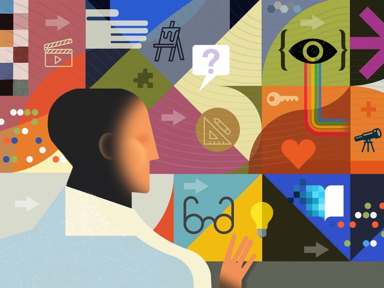 A colorful, geometric collage featuring creative and design-related icons arranged in a grid of triangles and squares. Symbols include a film clapperboard, paint palette, easel, puzzle piece, a question mark in a speech bubble, drafting tools, an eye with rainbow lines, a key, a heart, a telescope, eyeglasses, a light bulb, and an open book. Arrows and abstract patterns connect the elements, suggesting ideas and storytelling.