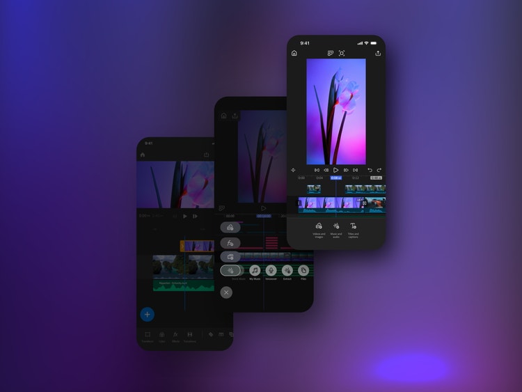 “Three overlapping smartphone screens—two dimmed and one bright. Each screen shows a variation of a video editing interface with a flower photo on a purple-to-pink gradient background. The screens display timeline tracks, editing tools, and preview controls against a dark purple backdrop.