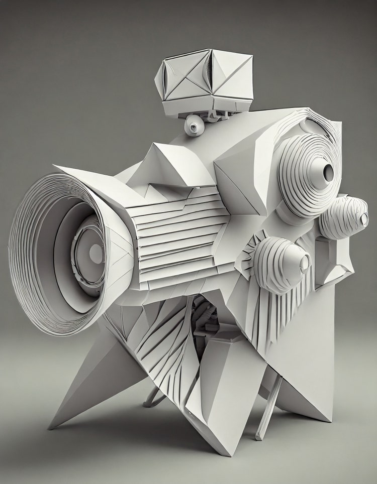 A generative AI illustration of a vintage movie camera, flash, and tripod composed of white cut and folded paper on a light gray background.