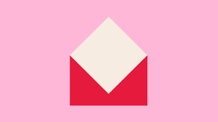 A GIF of a stylized digital illustration of a red envelope with a light pink flap against a bubblegum pink background, A pen tool cursor taps the tip of the flap and the flap seals.
