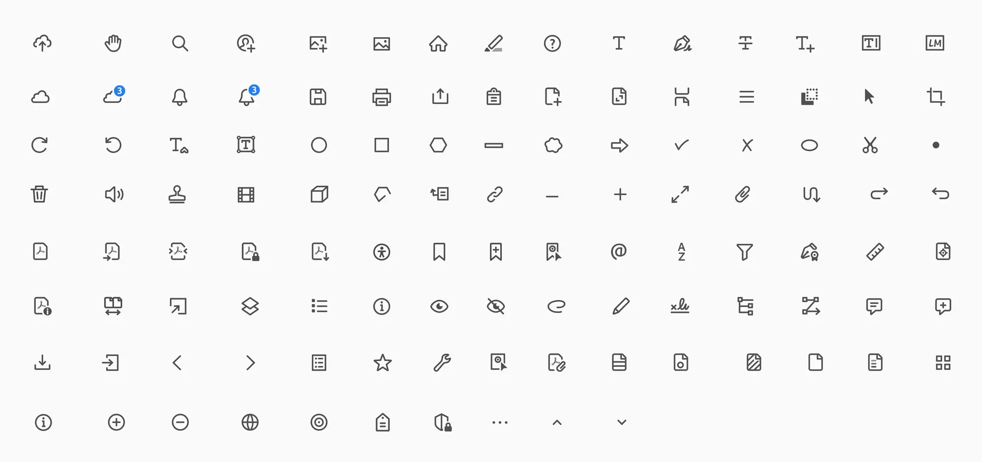 Adobe Acrobat's newly-designed in-app icons in fifteen rows of eight.