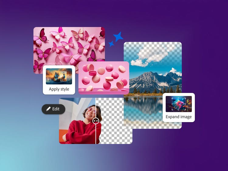 A collage on a blue-to-purple gradient background featuring pink butterflies, pink macarons, a mountain lake landscape, and a woman in a red sweater. Among the images are interface buttons labeled Apply style, Expand image, and Edit.