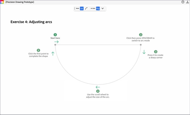 A screenshot of an exercise from a precision drawing prototype, with green arrows and text to guide the user through each step, titled "Exercise 4: Adjusting arcs." The exercise provides step-by-step instructions on how to adjust arcs in the drawing tool that include starting at a specific point, clicking to complete the arc, switching to arc mode, creating a sharp corner, and using the scroll wheel to adjust the size of the arc.