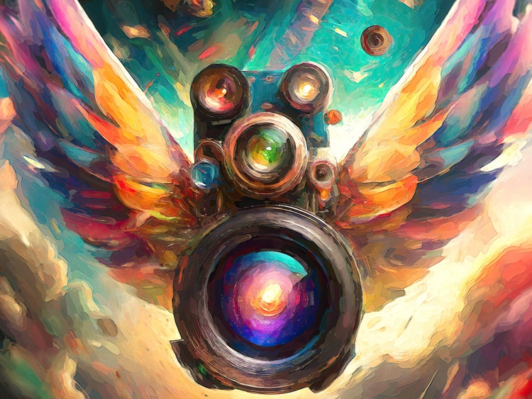 A generative AI illustration of a camera with rainbow-colored wings and multiple lenses (it's largest focused on the viewer) hovering against a turquoise and cloud-filled background.